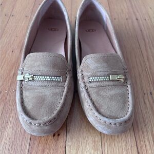 UGG Women's Beige Suede Loafers with Gold Zipper Trim